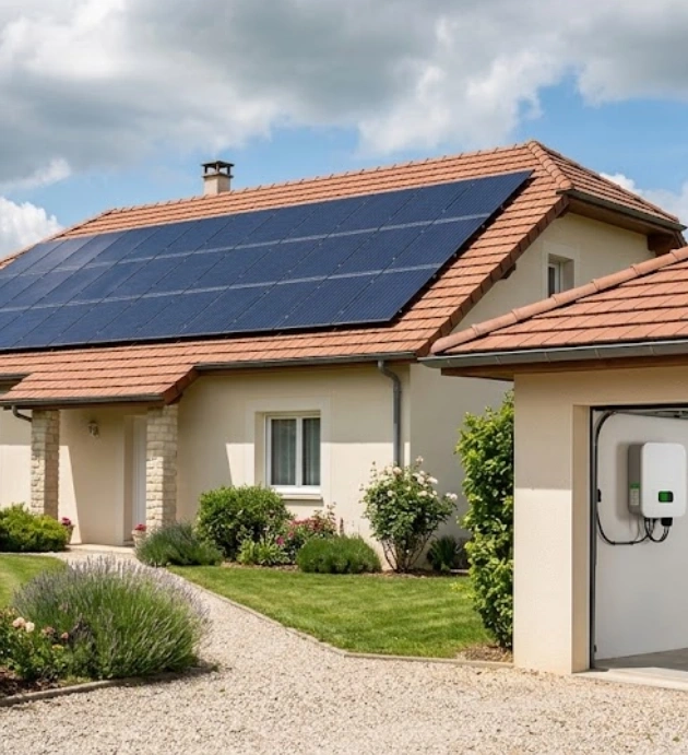 Maison en autoconsommation solaire avec panneaux et onduleur visibles