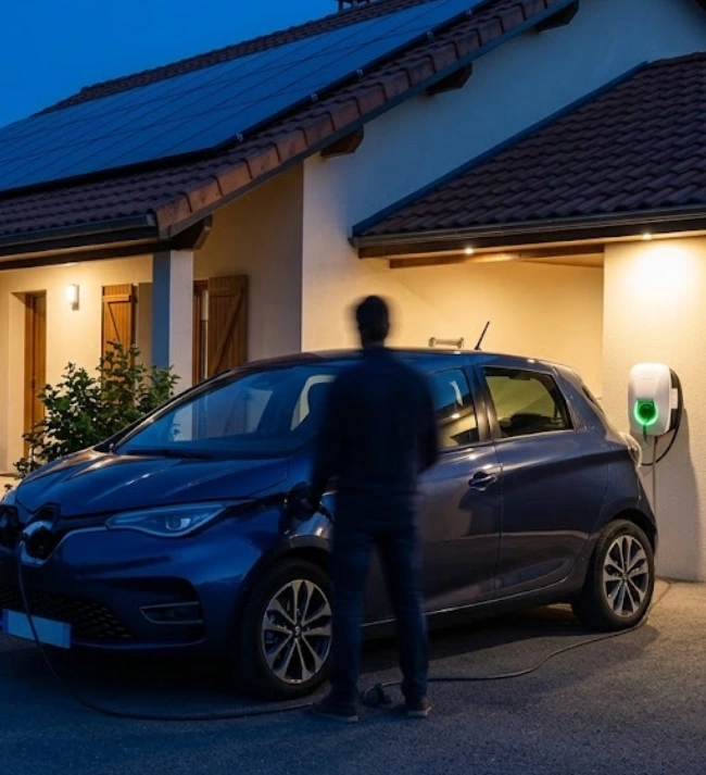 Voiture électrique en recharge sur borne à domicile en Nord-Isère