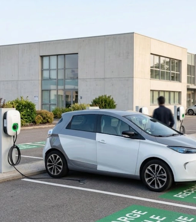 Bornes de recharge alignées sur le parc d’une entreprise