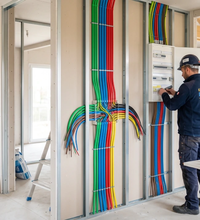 Installation électrique en cours dans une maison neuve du Nord-Isère