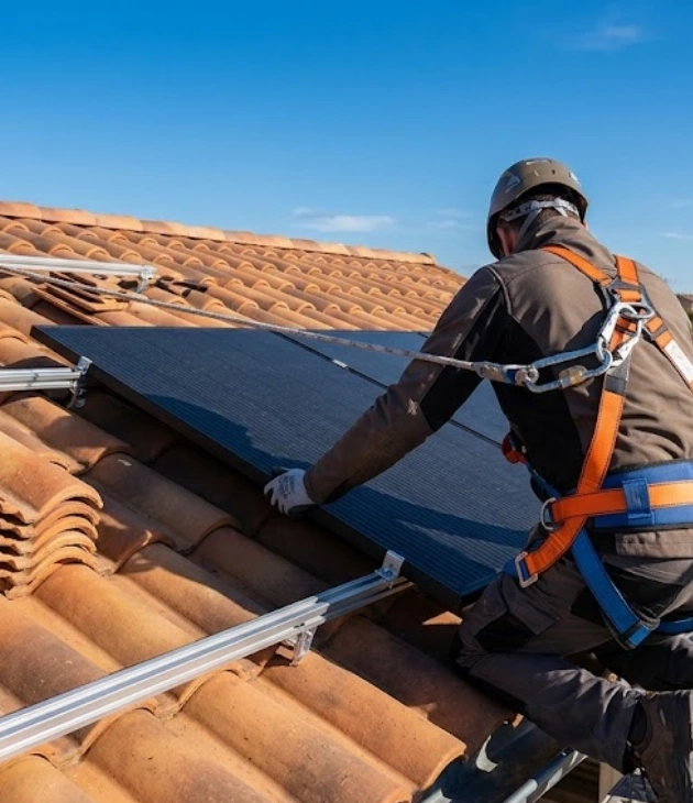 Pose de panneaux photovoltaïques par un installateur harnaché